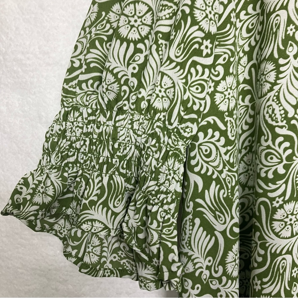 Jones New York Green Floral Blouse 3X Smocked Sleeve Boho Cottagecore Top - Picture 6 of 8